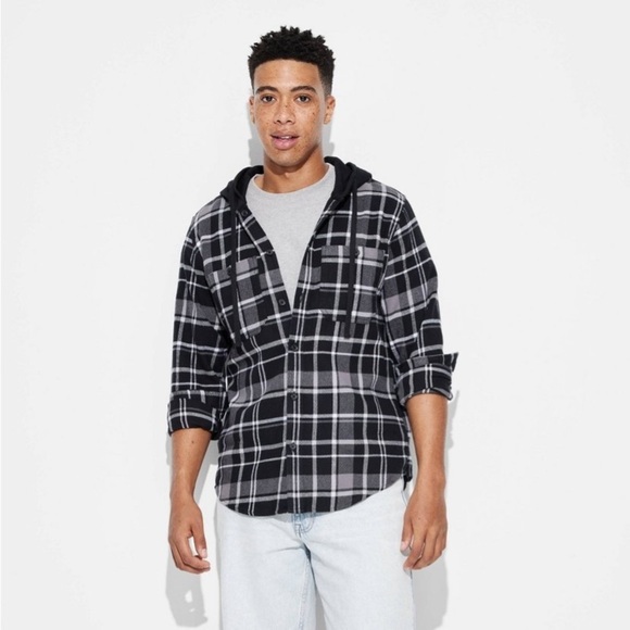 Men's Checked Hooded Long Sleeve Button-Down Shirt - Original Use™ Black new - Picture 1 of 5